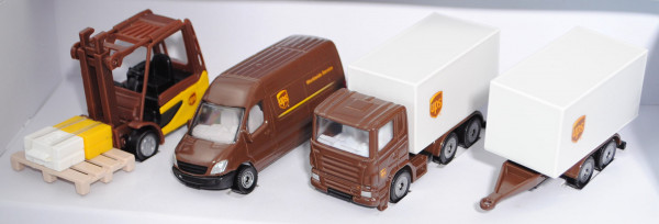 00001 UPS Logistik Set: Linde Stapler+MB Sprinter Postwagen+Scania Koffer-LKW mit Anhänger, L17mpP