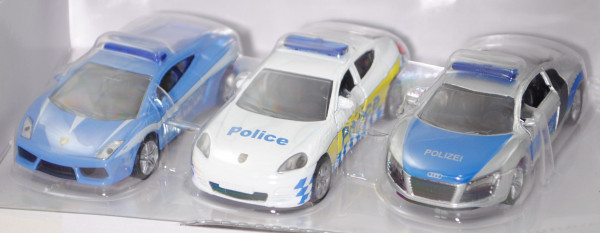 00002 Geschenkset Polizei: Lamborghini Gallardo + Porsche Panamera, B47 geschlossen + Audi R8, L17mp