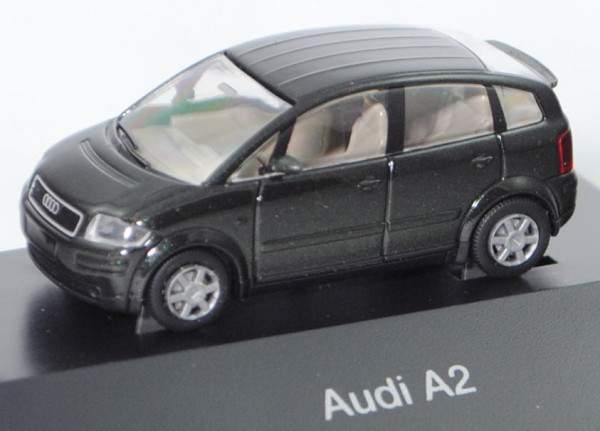 Audi A2 1.4 (Typ 8Z, Vorfacelift, Modell 2000-2003), piniengrün perleffekt, Rietze, 1:87, Werbebox