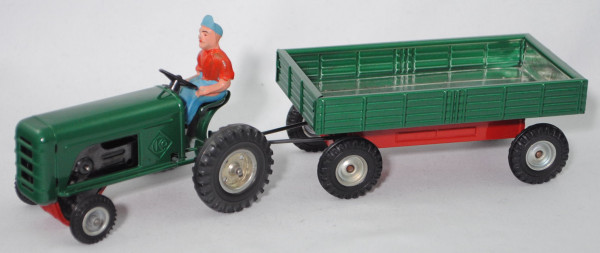 Traktor mit Anhänger, grün/rot, mit Friktionsmotor, Zubehör: Traktorfahrer, CKO Kellermann, 1:50, mb
