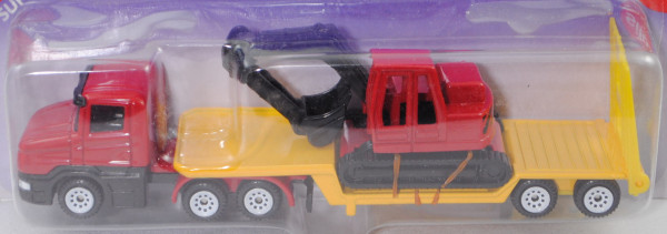 00000c Scania CT14 (Typ Serie 4, T-Fahrerhaus, Basis, Mod. 95-04) Tieflader mit Bagger, rot/gelb