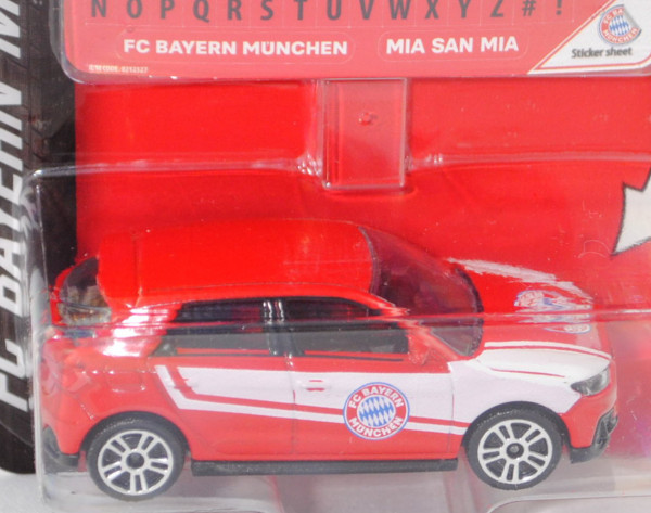 Audi A1 Sportback S line (Typ GB, Mod. 2018-), rot, Sticker 2 FC BAYERN MÜNCHEN, majorette, 1:56, mb