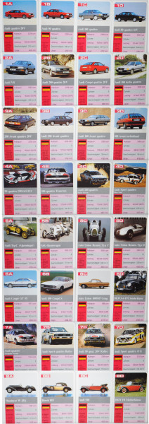 Quartett Audi, 33 Karten, u.a. mit Audi 80 / 90 / 100 / 200 / Coupé / V8 /  quattro / Sport quattro /, Produktarchiv, Online-Shop