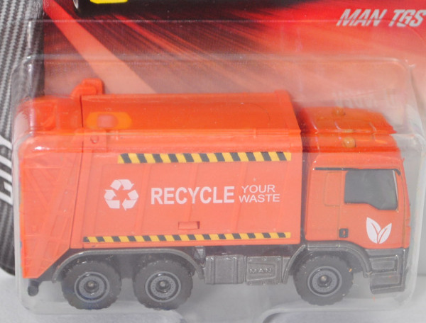 MAN TGS 33.400 (Modell 2013-) Müllwagen, rotorange, RECYCLE/YOUR/WASTE, majorette, 1:87, Blister