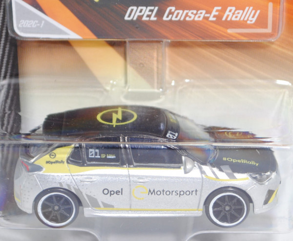 Opel Corsa-e Rally (6. Gen., Typ Corsa F, Modell 2020-), silber/schwarz, Nr. 202C-1, majorette, 1:55