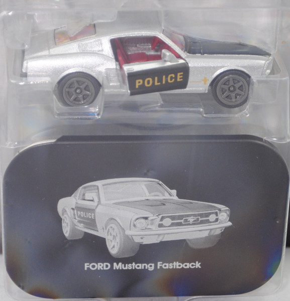 Ford Shelby Mustang I Fastback (Mod. 1967-1968), silber, POLICE, mit Metalldose, majorette, 1:62, mb
