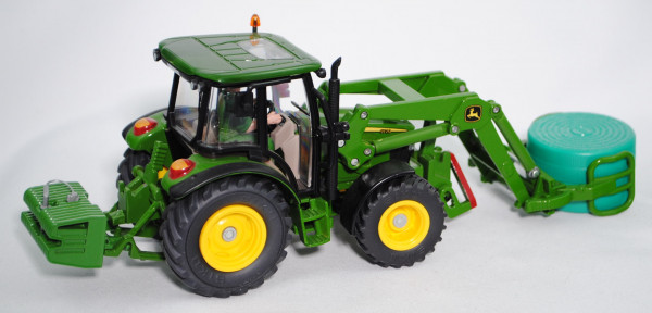 John Deere 5720 Traktor (Modell 2003-2008) mit Ballenzange und Heckgewicht, smaragdgrün/zinkgelb, Nu