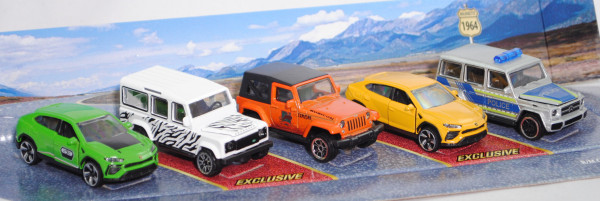 4x4 SUV CARS: 2x Lambo Urus+Land Rover Defender+Jeep Wrangler+Mercedes-AMG G 63, majorette, mb