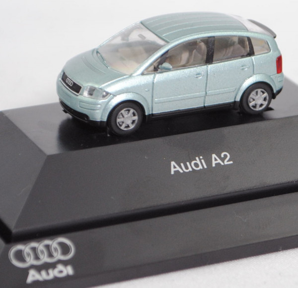 Audi A2 1.4 (Typ 8Z, Vorfacelift, Modell 00-03), islandgrün metallic (LF8D), Rietze, 1:87, Werbebox