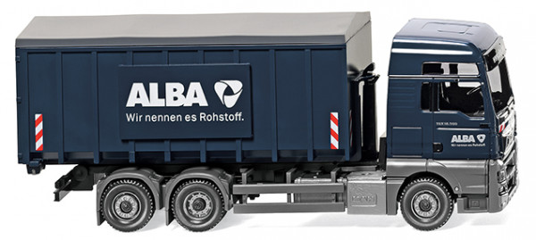 MAN TGX Euro 6 mit Meiller Abrollcontainer, stahlblau, ALBA / Wir nennen es Rohstoff., Wiking, 1:87,