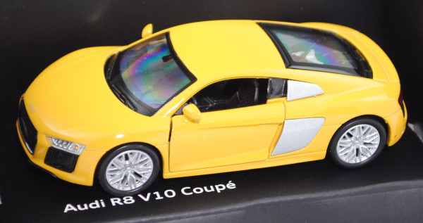 Audi R8 V10 Coupé (Typ 4S, 2. Gen., Mod. 15-), vegasgelb, Pullback, Welly, 1:38, Werbebox