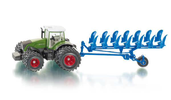Fendt 936 Vario Traktor mit Doppelreifen und Pflug, resedagrün/grau und verkehrsblau, 1:50, L17
