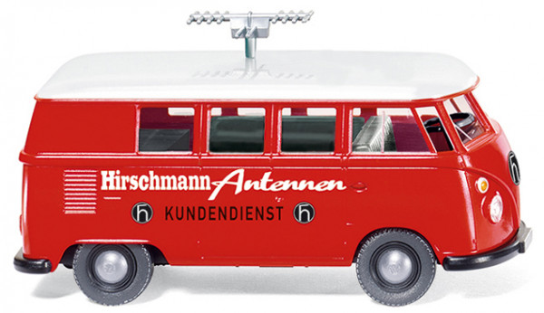 VW T1 Bus, Modell 1963, verkehrsrot/schwarz, Hirschmann-Antennen / KUNDENDIENST, Wiking, 1:87, mb