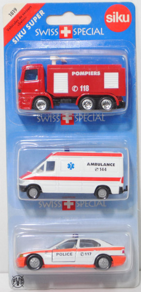 03901 CH Notruf-Set, mit MB Actros+MB Sprinter I+BMW 320i, POMPIERS / POLICE, P28a (limited)