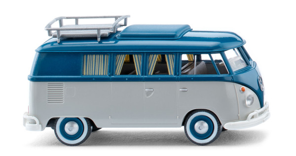 VW Transporter 1500 Campingbus (Typ 2 T1, Modell 1963-1967), grünblau/achatgrau, Wiking, 1:87, mb