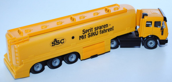 00413 Mercedes SK Tankzug mit TOPAS-Aufbau, melonengelb/schwarz, Chassis Zugmaschine kurz, SSC-Logo