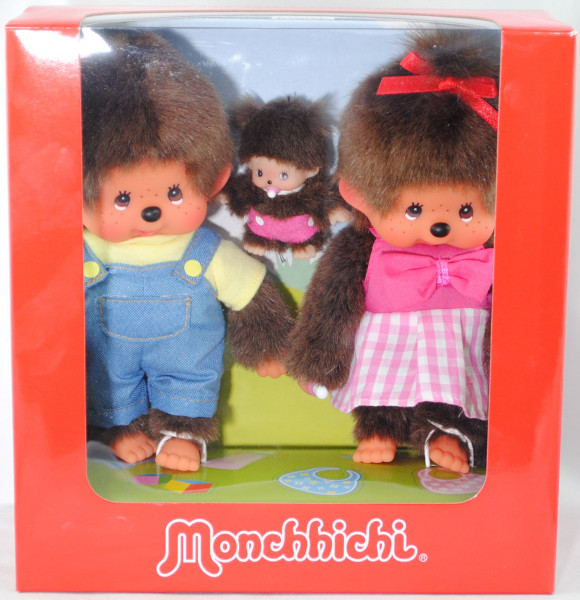 Monchhichi Family Set (Familien Set mit Junge, Mädchen und Baby), 20 cm groß, Sekiguchi