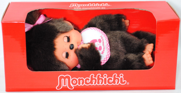 Monchhichi Sleep Eyes Girl with pink sleep Bib (schlafendes Mädchen), 20 cm groß, Sekiguchi