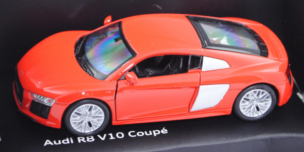 Audi R8 V10 Coupé (Typ 4S, 2. Gen., Mod. 15-), dynamitrot, Pullback, Welly, 1:38, Werbebox