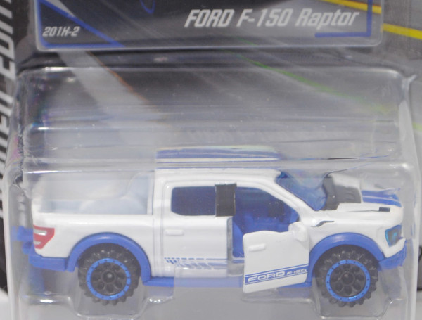 Ford F-150 RAPTOR SuperCrew (Typ P702, Mod. 2021-), weiß/blau, Nr. 201H-2, majorette, 1:74, Blister