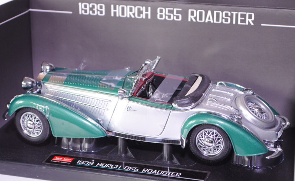 Horch 855 Roadster offen, Modell 1939, silbergraumetallic/dunkelgrünmetallic, Türen + Motorhaube zu