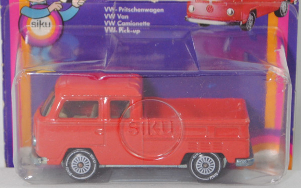 00008 VW Transporter T2 DoKa (Mod. 1971-1972), rot, Verglasung rauch, R11 glatt, SIKU, 1:60, P18 m-