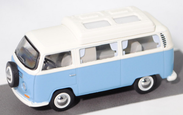 VW Transporter T2a Camper (Typ 2 T2a, Modell 67-71) mit Dormobile-Klappdach, weiß/blau, Schuco, 1:64