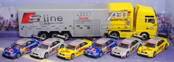 MAN TG-A Renntransporter, gelb/silber, Team Audi Abt Sportsline, 6x Audi A4 DTM 2004, Schuco, 1:87