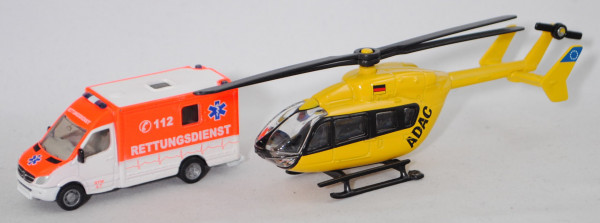 00002 Rettungsdienst-Set: Mercedes Sprinter und Hubschrauber, weiß/leuchtorange und gelb, L17mpK