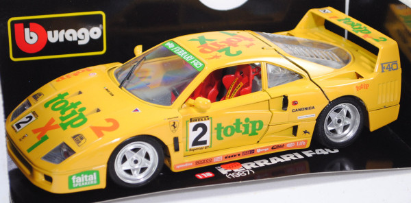 Ferrari F40 (Modell 1987-1992), giallo modena, Sponsor: totip, Nr. 2, Bburago / DIAMONDS, 1:18, mb