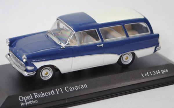 Opel Rekord P1 Caravan 1500 (Modell 1958-1960), Dach alabastergrau, royalblau, Minichamps, 1:43, mb