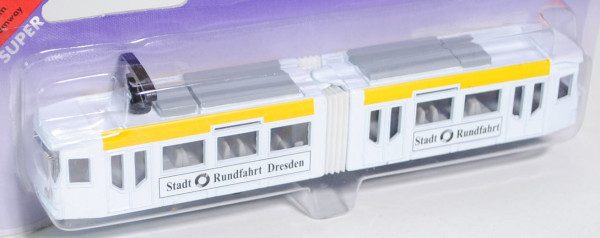 Straßenbahn, reinweiß, Stadt Rundfahrt Dresden / Stadt Rundfahrt, mit gelbem Streifen am Dach, P26