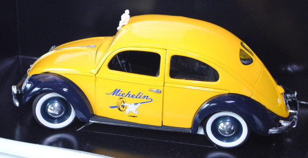 VW Käfer Standardlimousine (Typ 11) (Brezelkäfer), Modell 1949, signalgelb/schwarz, Michelin, Türen