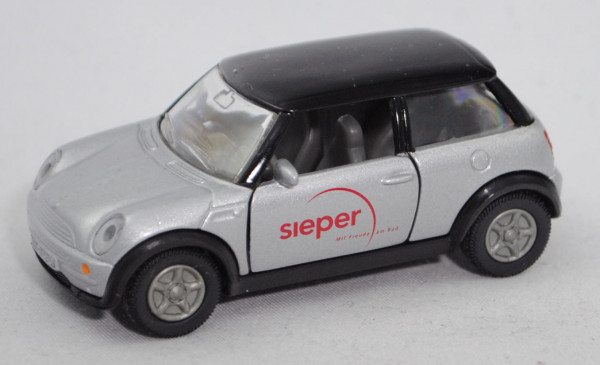 MINI Cooper (Hatchback, Typ R50, 1. Gen., Mod. 2001-2006), silbergraumet./schwarz, sieper, Werbebox