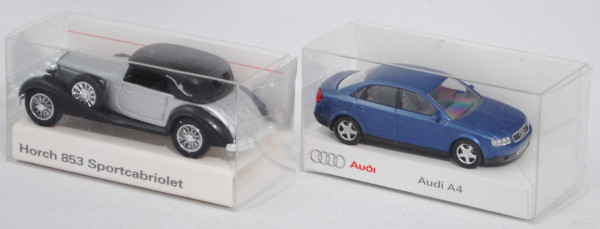 Audi A4 (B6, Typ 8E, Modell 2000-2004, violettblaumetallic, Art.-Nr. 49200) und Horch 853 A Sportcab