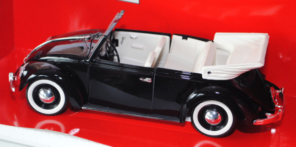 VW Käfer Cabrio (Typ 15), Modell 1949, schwarz, Türen zu öffnen, offenes Verdeck in reinweiß, solido