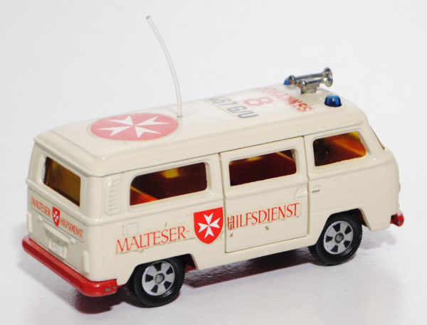 VW Bus (Typ T2b, Modell 1972-1979) Malteser-Krankenwagen, hellelfenbein, innen rotorange, Lenkrad sc