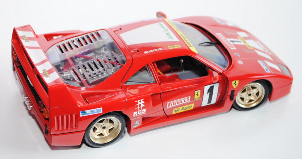 Ferrari F40 evoluzione (1987), rot, mit Werbedecal sparco LION DRIVER / BELLOTTO MOMO auf dem Dach,