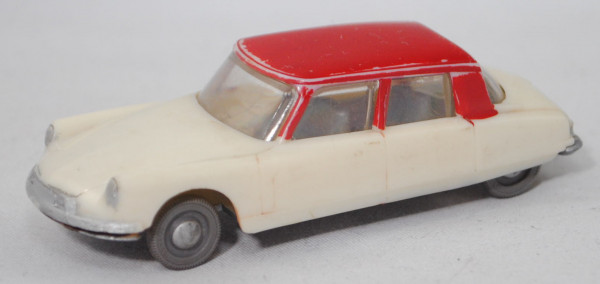 00000 Citroen DS 19 (1. Serie, Mod. 1955-1959), perlweiß, Dach signalrot (abgegriffen), Siku Plastik