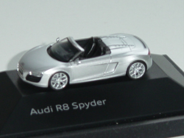 Audi R8 Spyder 5.2 FSI, Mj. 2010, eissilber, innen schwarz, Herpa, 1:87, Werbeschachtel