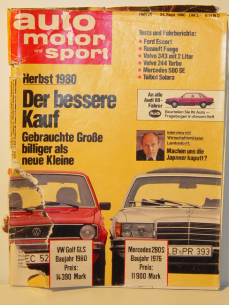 auto motor und sport, Heft 20, 24. September 1980, Umschlagseite beschädigt