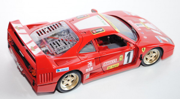 Ferrari F40 evoluzione (1987), rot, mit Werbedecal bburago auf dem Dach, Türen + Motorhaube + Koffer