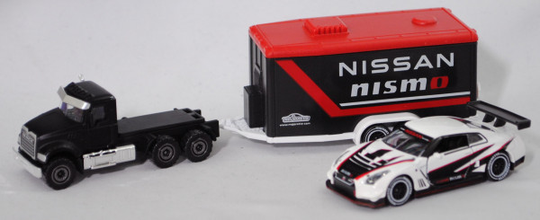 MACK Granite + Autotransporter + Nissan GT-R NISMO GT3 vom Team nismo, majorette, Blister