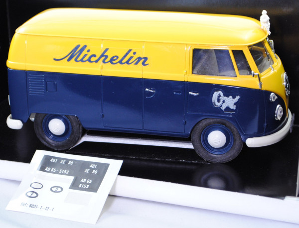 VW Transporter 1500 Kastenwagen (Typ 2 T1, Modell 1963-1967), gelb/blau, Michelin, solido, 1:19, mb