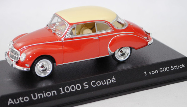 Auto Union 1000 S Coupé de Luxe (Modell 1957-1959), karneolrot / elfenbein, Norev, 1:43, Werbebox