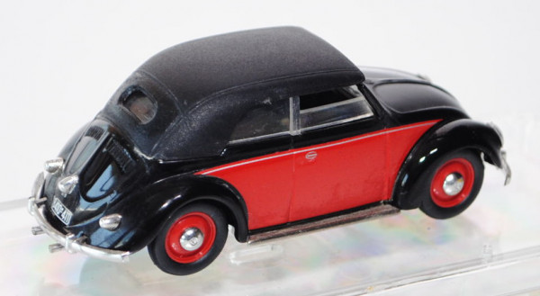 VW Käfer Cabriolet geschlossen (Typ 15), Modell 1949, schwarz/verkehrsrot, VITESSE, 1:43, PC-Box