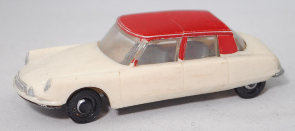 00000 Citroen DS 19 (1. Serie, Mod. 1955-1959), perlweiß, Dach rot, A-Säule links weg, Siku Plastik