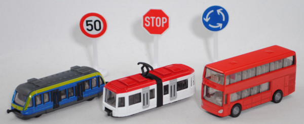 00001 Geschenkset Nahverkehr: Straßenbahn (vgl. 1013), blaumetallic; Doppelstock-Reisebus, P32mpR