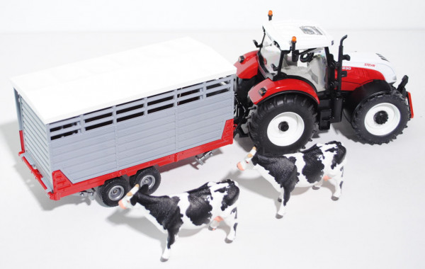 Steyr CVT 6230 Traktor mit Viehanhänger, reinweiß/karminrot und cremeweiß/silber/karminrot, STEYR CV