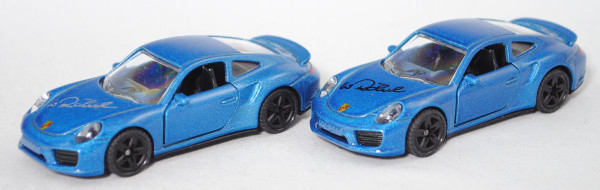 00000 2x Porsche 911 Turbo S (Typ 991.2, Mod. 2015-), blau, Autogramm Röhrl in schwarz+silber, P29e